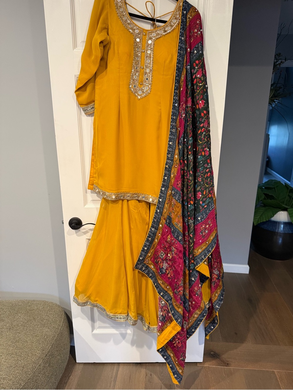 Mustard Yellow Embroidered Salwar Kameez with Printed Dupatta